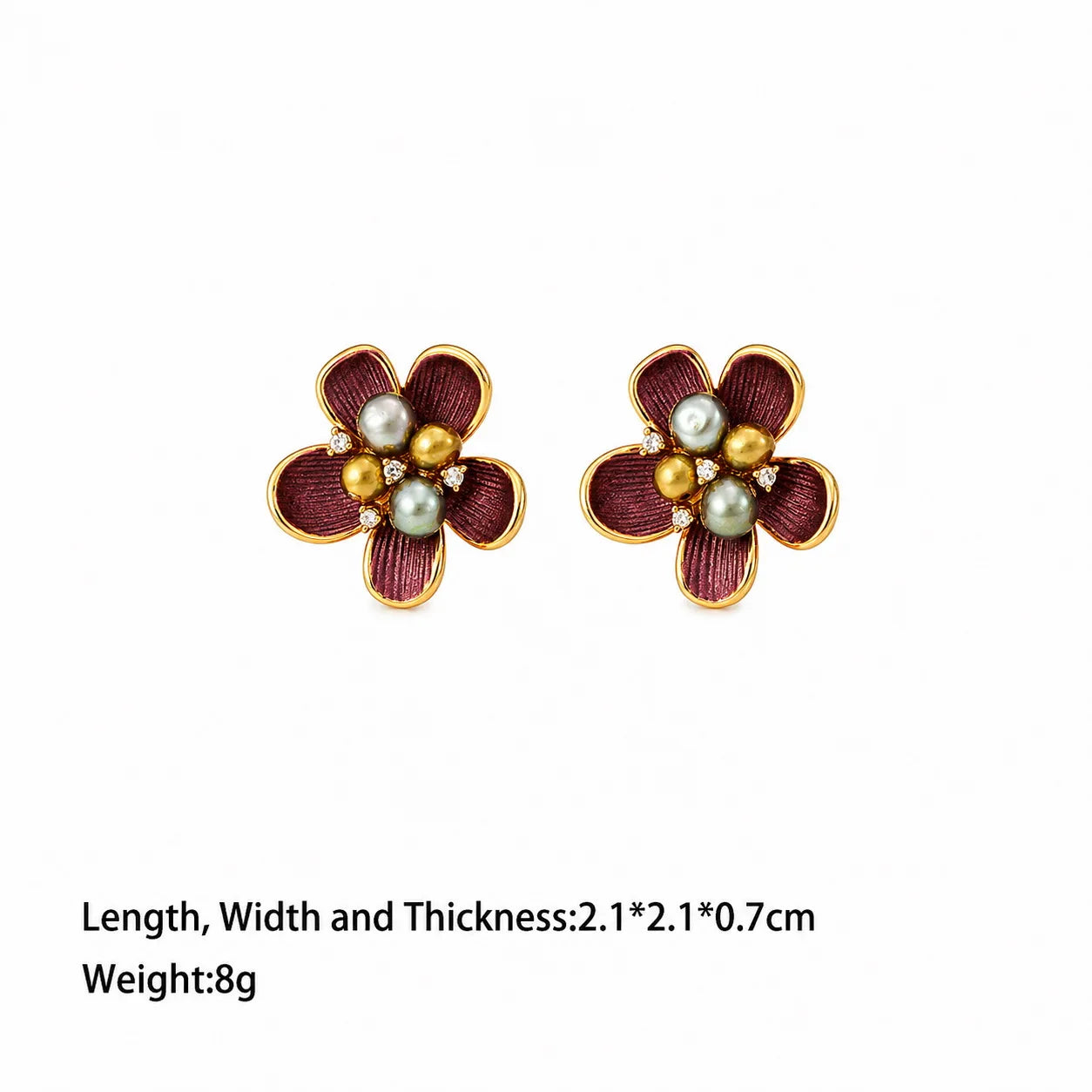 Women Dark Red Flower Shape Freshwater Pearl S925 Silver 18k Gold-plated Zircon Stud Earring Elegant in Stock Jewelry for Causal