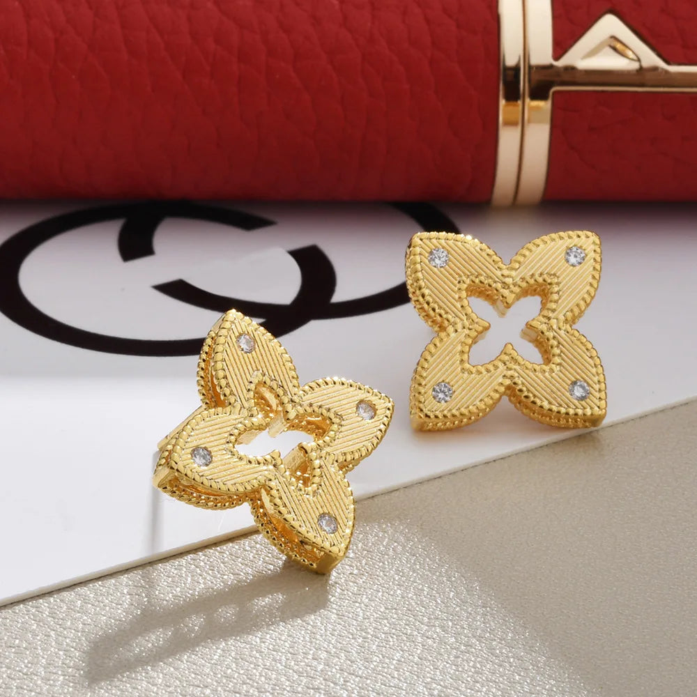Gold Plated Quatrefoil Flower Stud Earrings Hollow Out Textured Geometric CZ Crystal Jewelry for Women Trendy Ear Accessories