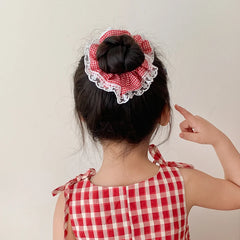 Girls Red Lace Dots Grid Small Scrunchies Fashion Sweet Wholesale in Stock Hair Ties Accessories for Children Daily School Use