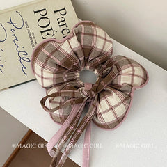 Fashion Brown Plaid Elegant Flower Scrunchies for Girls Trendy Stylish Ribbon Hair Ties for Women Ladies Hair Accessories Chic