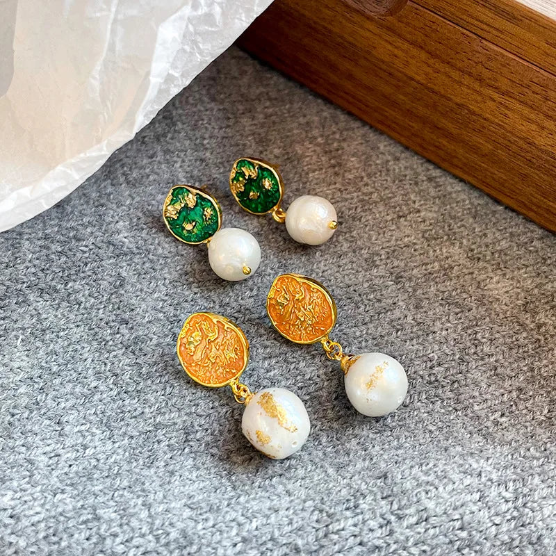 Ladies Green Yellow Baroque Pearl S925 Silver Drop Earring Elegant Vintage Trendy Low MOQ in Stock Jewelry for Women Causal