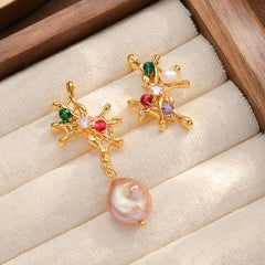 Fashion Flower Leafs Freshwater Pearl Drop Earrings for Girls Glitter Jewelry for Women Ladies Wholesale China Manufacturer