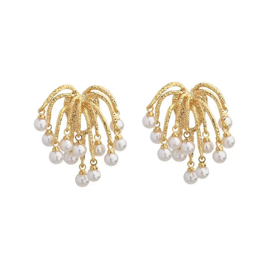 French Retro Brilliant Fireworks Pearl Tassels Stud Earrings Light Luxury Niche Design Fashion Ear Jewelry for Women Wholesale
