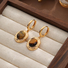 Female Brown Tiger Eye Stone 18k Gold-plated Hoop Earring Fashion Elegant Vintage in Stock Factory Price Jewelry for Women Daily