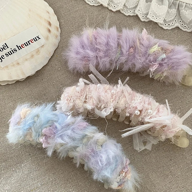 Women Winter Autumn Fluffy Hot Sale Banana Clips Fashion Sweet Trendy Elegant Wholesale in Stock Hair Clips Accessory for Daily