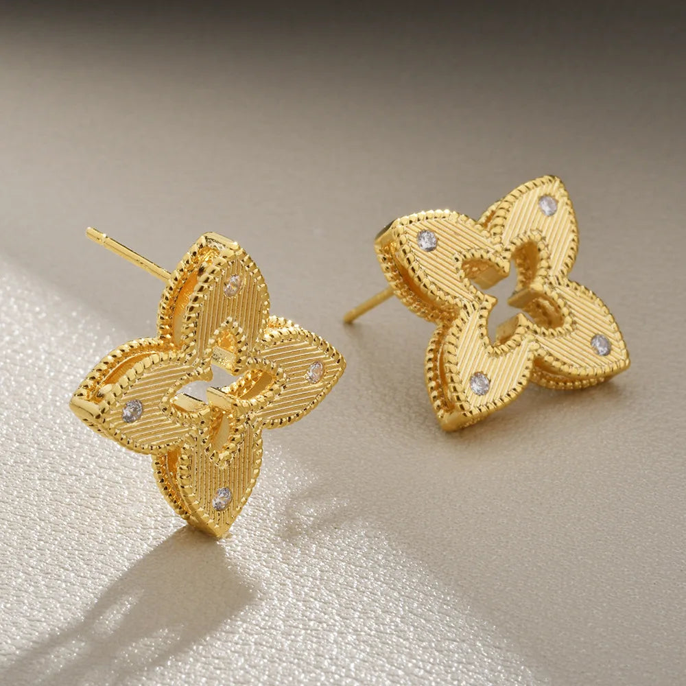 Gold Plated Quatrefoil Flower Stud Earrings Hollow Out Textured Geometric CZ Crystal Jewelry for Women Trendy Ear Accessories
