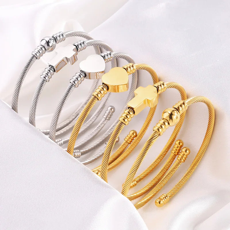 Stainless Steel Cable Bangle Bracelet Women's Heart and Cross Charm Adjustable Open Cuff Fashion Jewelry Accessories Wholesale