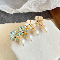 Fashion Flower Freshwater Pearl Drop Earrings for Girls 18K Gold Plated Jewelry for Women Ladies Wholesale China Factory Bulk