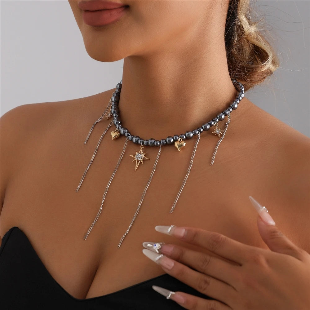 Fashion Beads Heart Link Tassel Necklaces for Girls Sweet Spicy Elegant Punk Y2K OOTD Jewelry for Women Ladies Accessories