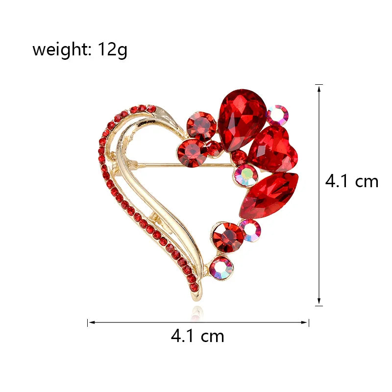 Fashion Classic Rhinestone Heart Shaped Sweet Brooches for Girls Trendy Stylish Pins Jewelry for Women Ladies Accessories