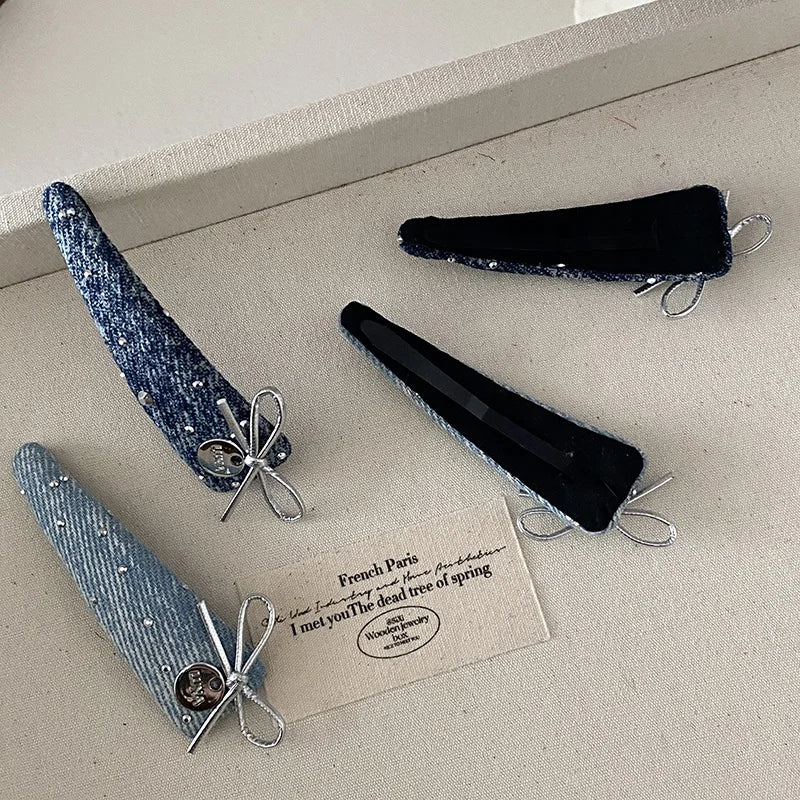 Fashion Cute Snap Clips Blue Fabric Bow Glitter Hair Clips for Women Sweet Design Casual  Hairpin Hair Accessories Wholesale