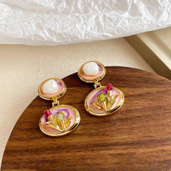 Female Freshwater Pearl S925 Silver 18k Gold-plated Hand-Drawn Artistic Painted Drip Glaze Earring in Stock Jewelry for Causal