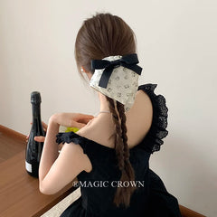 Women's Vintage Female Cat Print Dots Bowknot Ponytail Holder Kerchief Scrunchies Elegant Hair Ties Accessories for Daily Use
