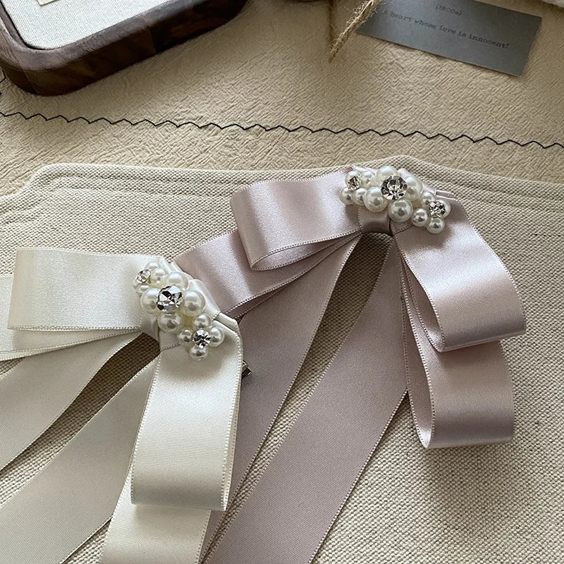 Korean Princess Satin Ribbon Bow Hairpin with Imitation Pearl High-end Hair Clips for Women Sweet Elegant Hair Accessories Bulk