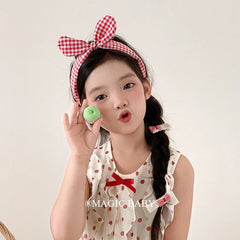 Girly Aesthetic Cherry Bowknot Grid Red Hair Ties Alligator Clips Headband Sweet Fashion in Stock Hair Accessories Set for Kids