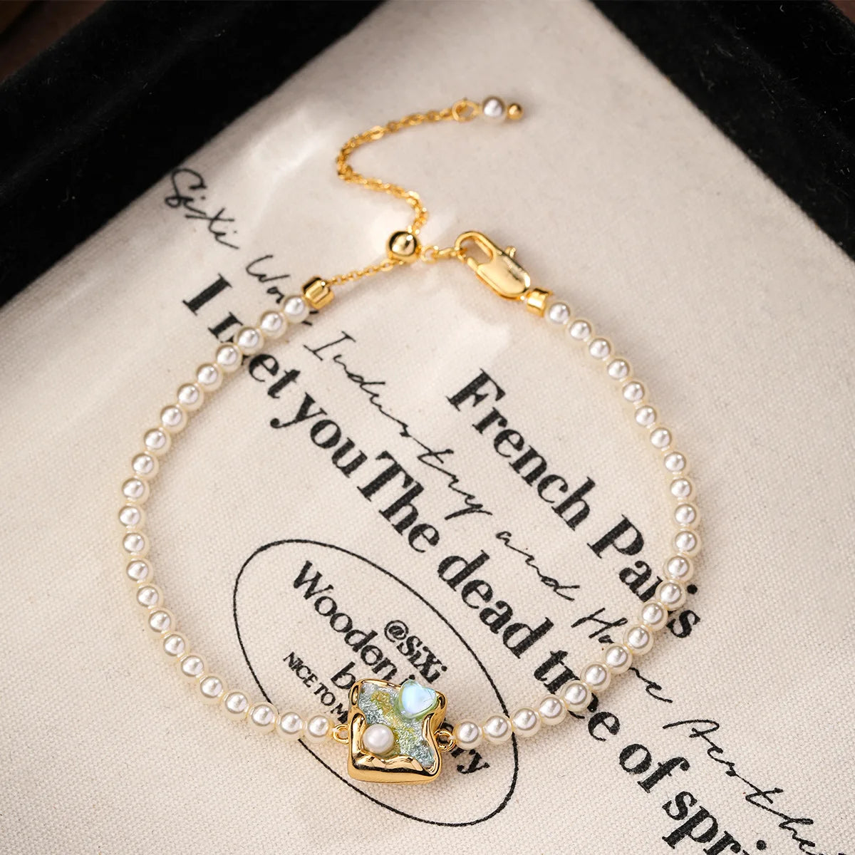 Fashion 18k Gold Copper Freshwater Pearl Bracelets for Girls Sweet Hand-Painted Drip Glaze Jewelry for Women Ladies Wholesale