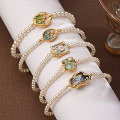 Fashion 18k Gold Copper Freshwater Pearl Bracelets for Girls Sweet Hand-Painted Drip Glaze Jewelry for Women Ladies Wholesale