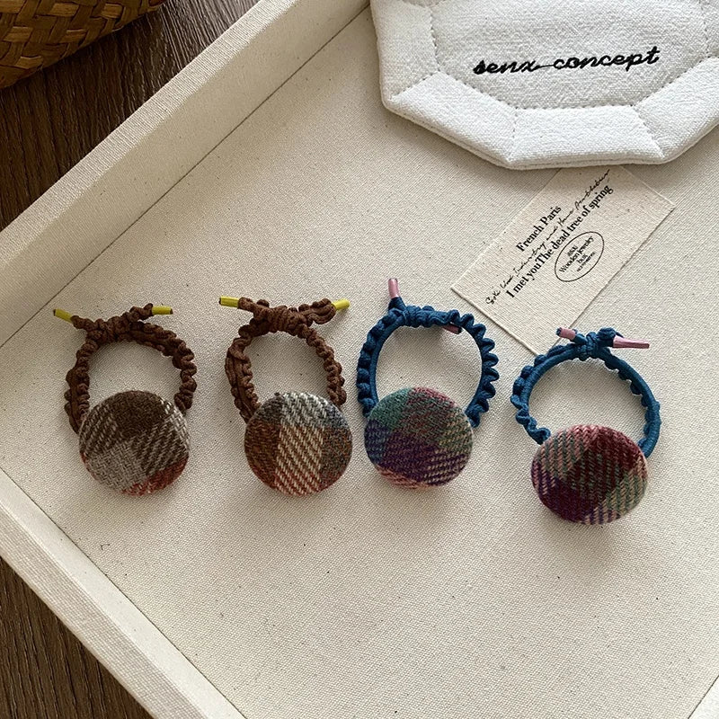 Fashion French Style Button Plaid Scrunchies for Baby Girls High Elastic Hair Ties for Kids Children Hair Accessories in Stock