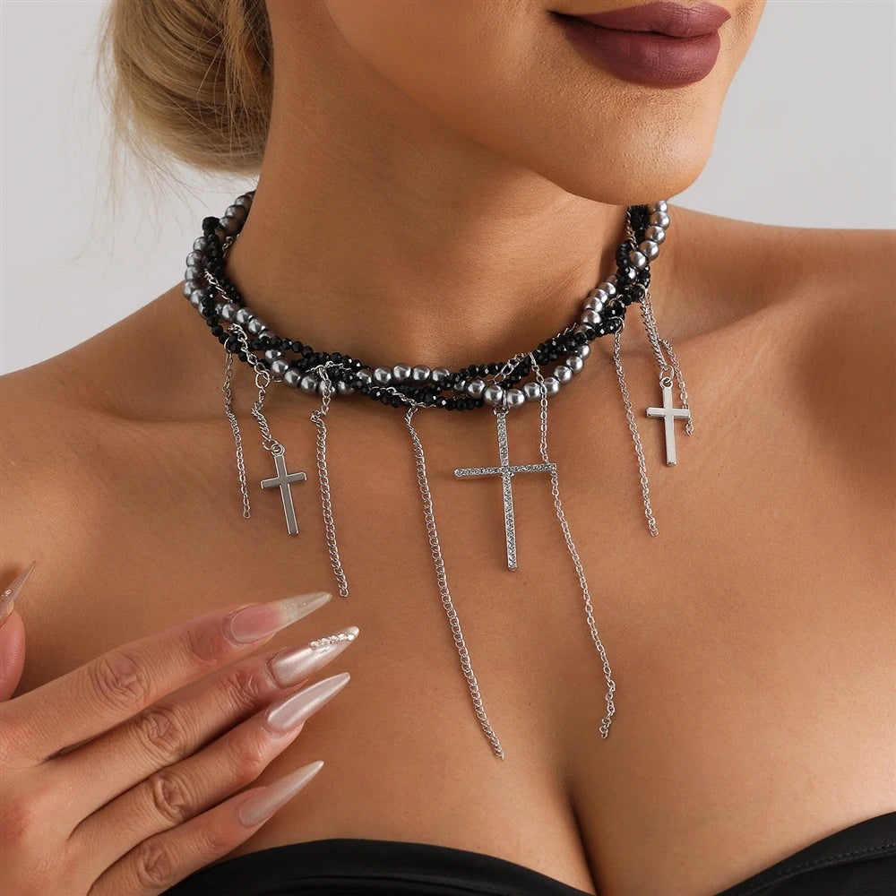 Fashion Beads Layered Wearing Cross Gothic Necklaces for Girls Sweet Spicy Trendy Jewelry for Women Ladies Accessories Wholesale