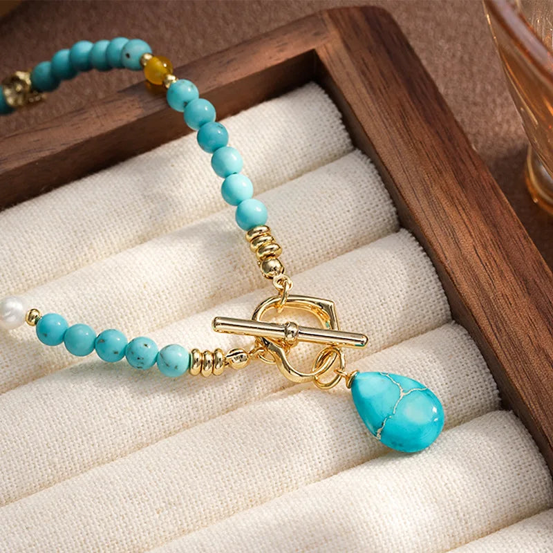Women Green Turquoise Freshwater Pearl 18k Gold-plated Necklace Elegant Fashion in Stock Factory Price Low MOQ Daily Jewelry