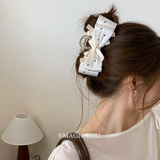 Classic Bowknor Polka Dot Hair Claw Clips for Girls Ribbon Fashion Chic Cute Hair Clutches for Women Ladies Hair Accessories