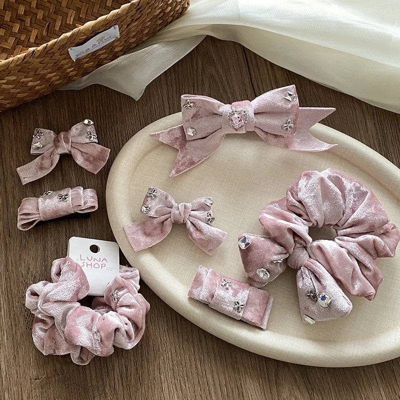 Simple Solid Color Glitter Bowknot Scrunchies for Baby Girls Elegant Velvet Luxurious Hair Ties for Kids Child Hair Accessories