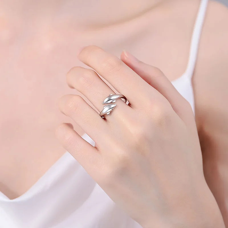 Double Dolphin Rings Women Fashion Niche Design Simple Adjustable Opening Cute Finger Ring Korean Style Accessories Wholesale