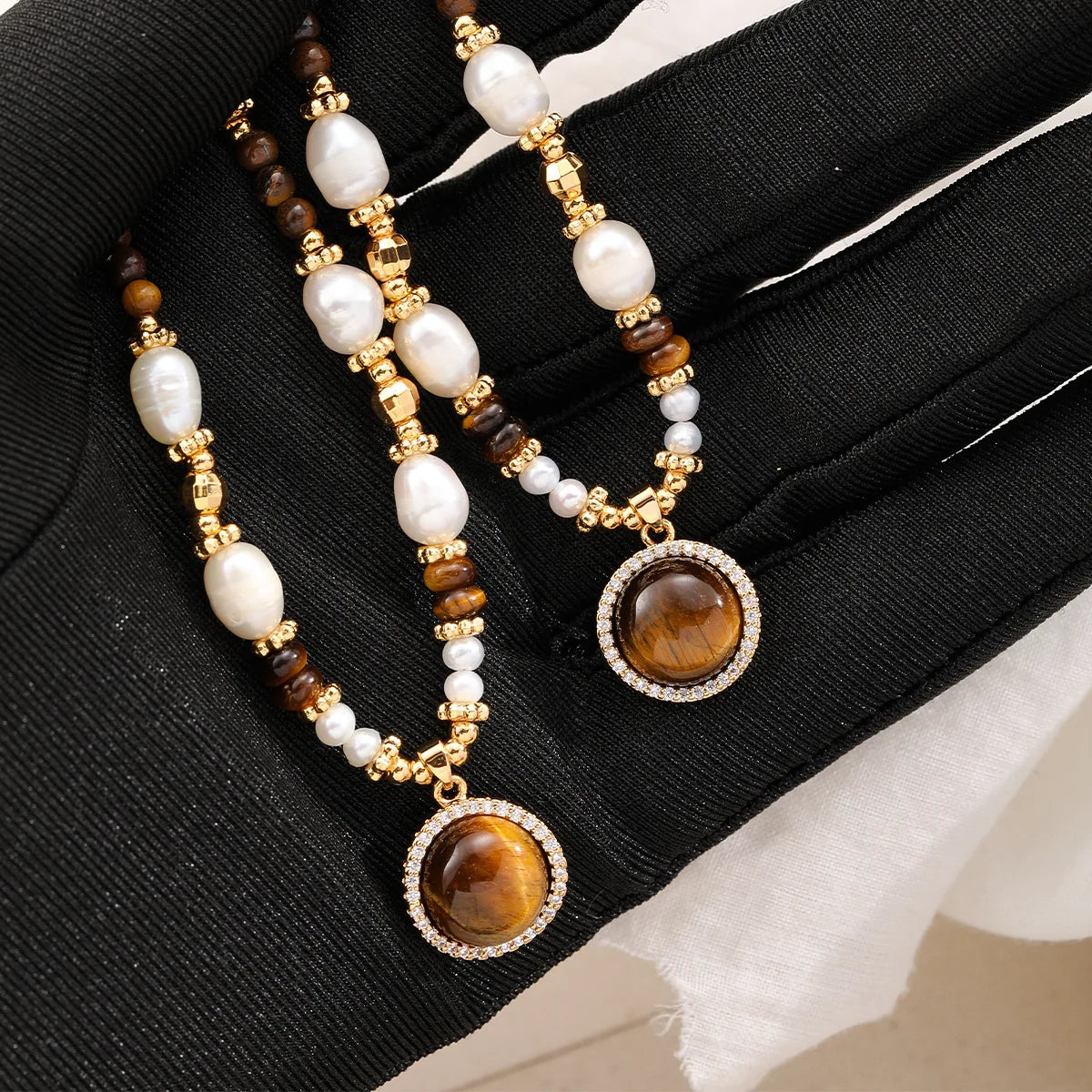Female Fashion Freshwater Pearl 18k Gold-plated Zircon Tiger Eye Stone Necklace Low MOQ Brown Jewelry for Women Causal Daily