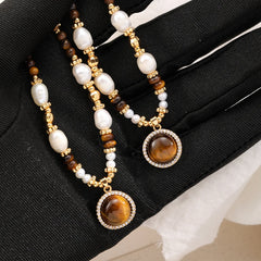 Female Fashion Freshwater Pearl 18k Gold-plated Zircon Tiger Eye Stone Necklace Low MOQ Brown Jewelry for Women Causal Daily