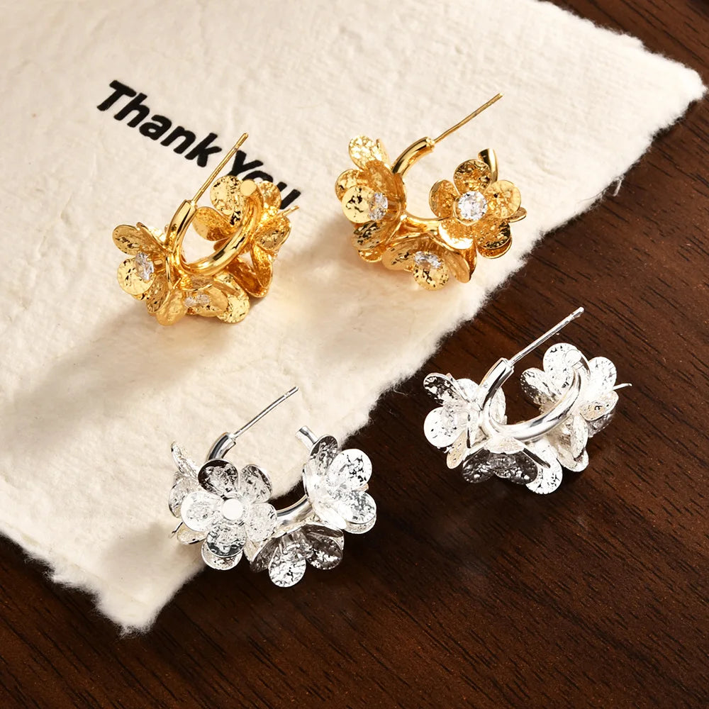 Women's Super Fairy Flower Stud Earrings Metal Zircon High-end Sweet Elegant Earrings Korean-style Simple Accessories Wholesale