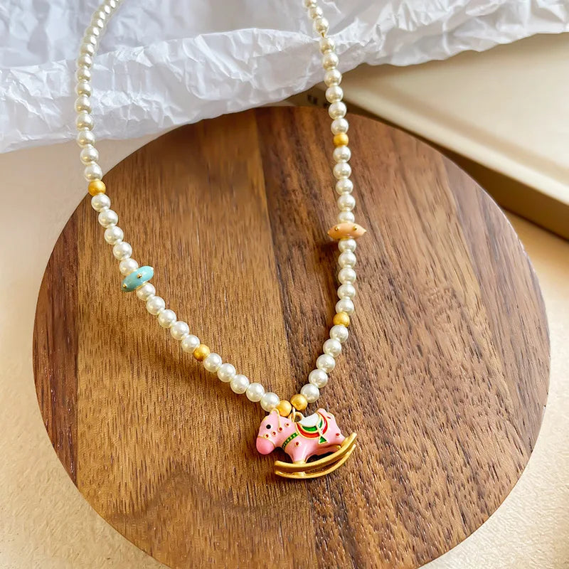 Women Drip Glaze Hand-Painted Graffiti Imitation Pearl 18k Gold-plated Bracelet Necklace Elegant Fashion in Stock Jewelry Sets