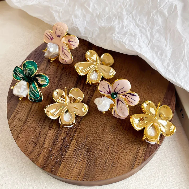 Ladies Green Pink Yellow Gold Flower Shape Stud Earring Sweet Elegant Fashion Factory Price in Stock Jewelry for Women Daily Use