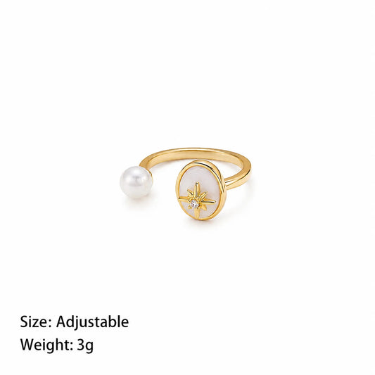 Fashion Copper 18K Gold Plated Rings for Girls Mother of Pearl Freshwater Pearl Jewelry for Women Ladies Wholesale Simple Bulk