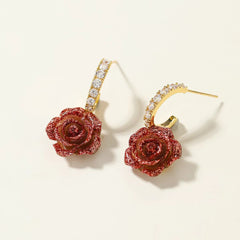 Fashion Elegant Vintabge Flowers Rose Drop Earrings for Girls Sweet Heart Shaped Jewelry for Women Ladies Accessories Wholesale