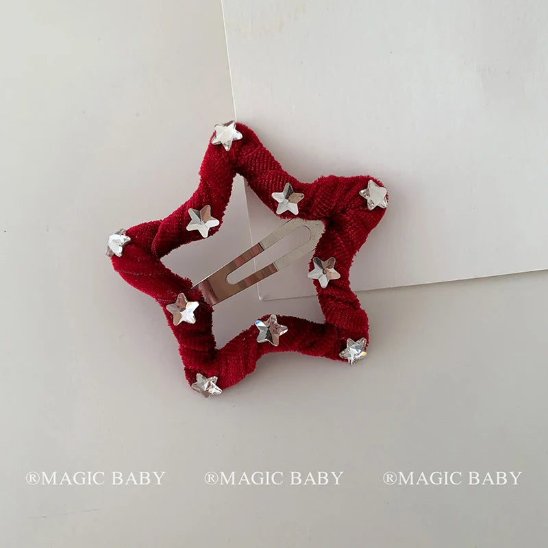 Star Fashion Velvet Glitter Hair Clips for Baby Girls Trendy Sweet Cute Christmas for Kids Children Hair Accessories in Stock