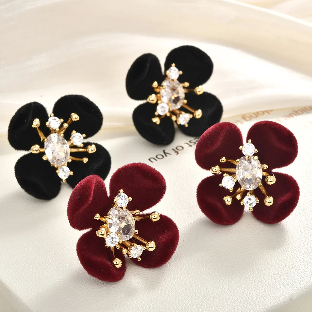 Retro Burgundy Flocked Flower Stud Earrings Ultra-Shiny Zircon-Inlaid Earrings Unique Design Elegant Ear Studs Autumn and Winter