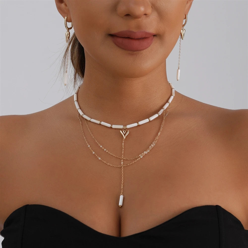 Fashion INS Style Heart Shaped Elegant Necklaces for Girls Sweater Chains Jewelry Sets Suits for Women Ladies Accessories