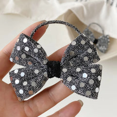 Girls Dots Grey Bowknot Elastic Small Hair Ties Fashion Elegant Cool Wholesale in Stock Scrunchies for Children Kids Daily Use