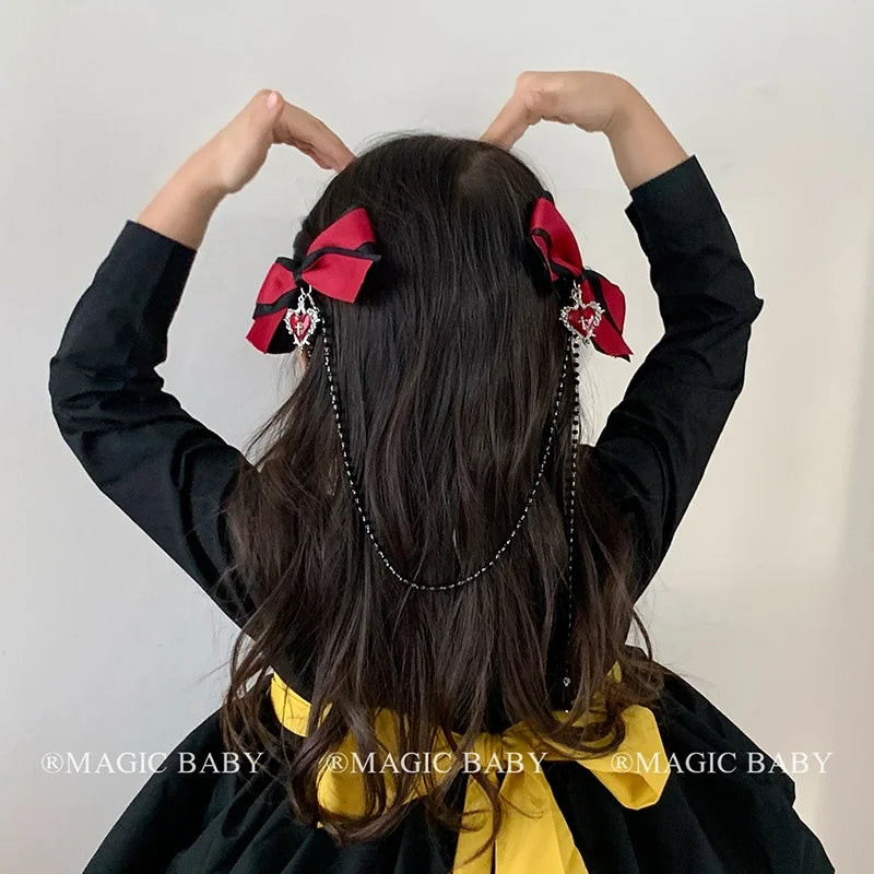 Red Bow Gothic Halloween Hair Clip for Kids Heart Cross Chain Spooky Cute Children Hair Accessories Chic Costume Party Hairpins