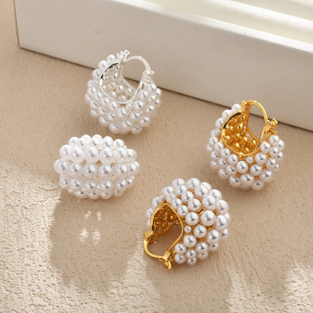 French-style Imitation Pearl Basket Ear Buckles Fashionable Elegant Cluster Beaded Statement Earrings Jewelry Accessories Bulk