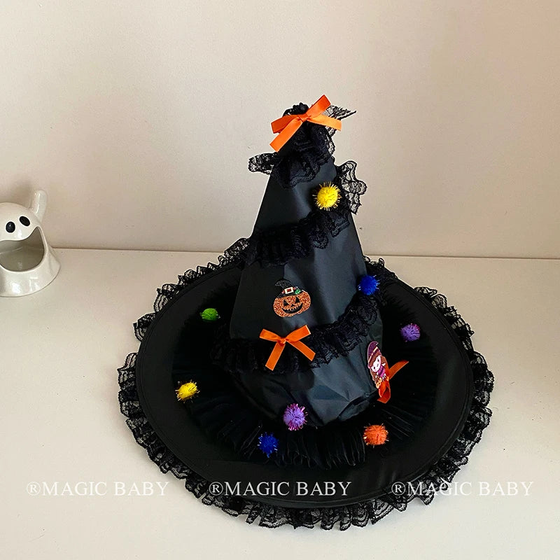 Halloween Witch Hat Pumpkin Bow Rose Elegant Gothic Headwear for Baby Girls Spooky Party Costume Accessories Vintage Style Decor