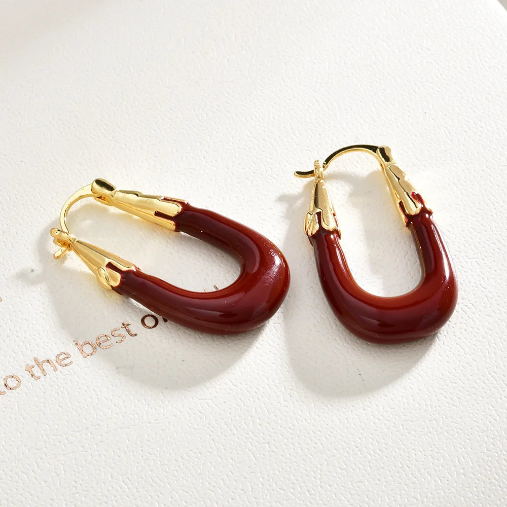 French Geometric Ear Buckles Solid Colors Wine Red Oil-Dripping U-Shaped Earrings Casual Elegant Fashion Earrings Women Bulk