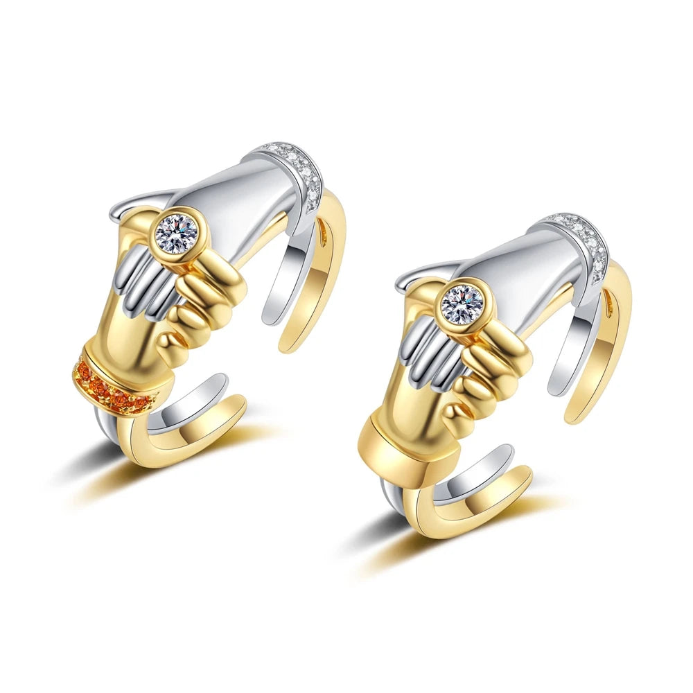 Hand In Hand Open Rings Women Gold and Silver Adjustable Friendship Couple Promise Ring with Zircon Fashion Jewelry Gift Bulk