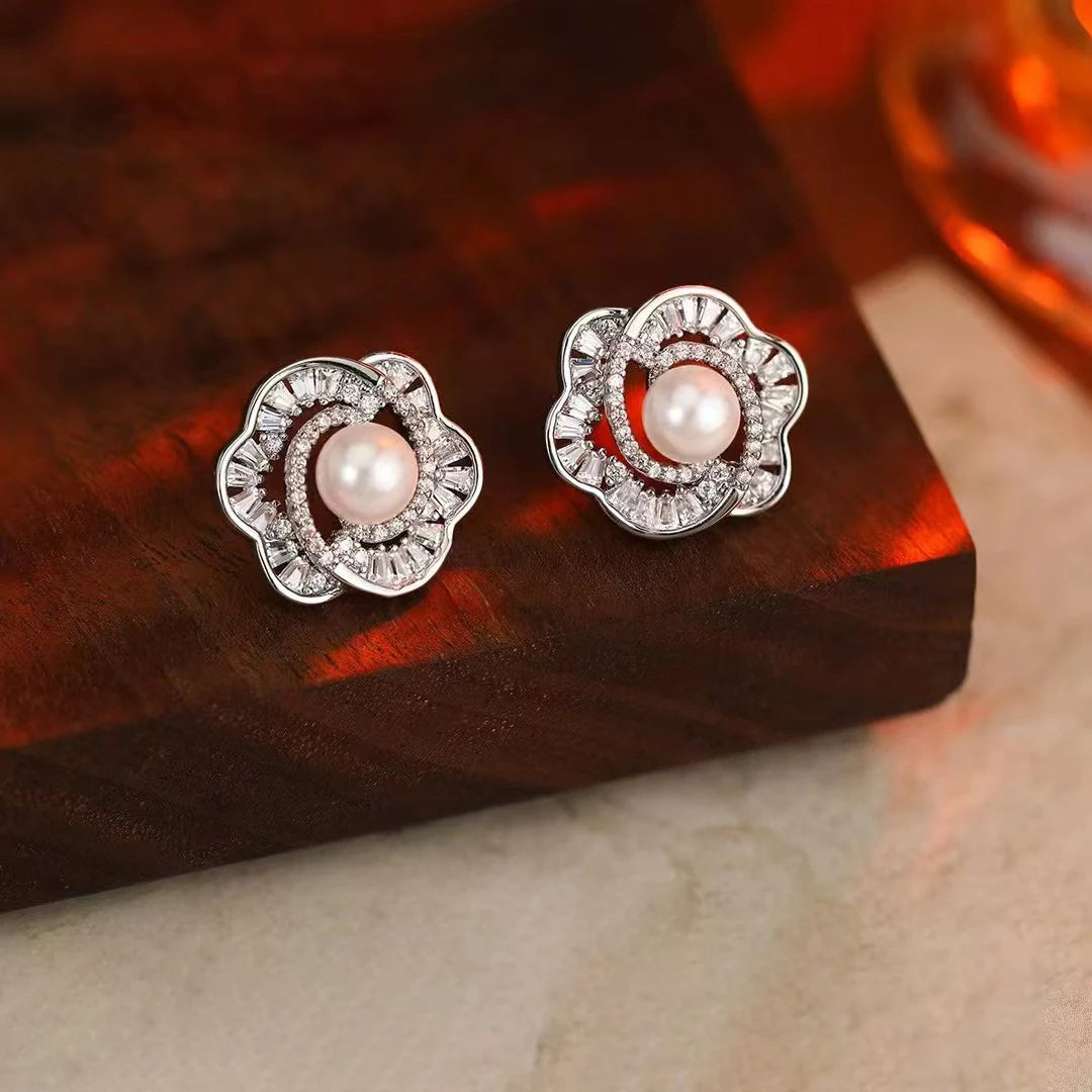 Fashion Trendy Flower Glitter Stud Earrings for Girls Sweet Elegant Luxury Adorable Jewellry for Women Ladies Accessories Chic