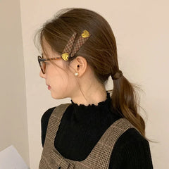 Female Brown Plaid Golden Heart Letter Snap Clips Fashion Elegant Simple Bulk Order in Stock Hairpins Accessory for Women Daily