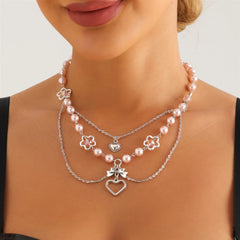 Fashion Sweet Princess Style Imitation Pearl Heart Shaped Necklaces Layered Wearing Jewelry for Women Ladies Accessories Daily
