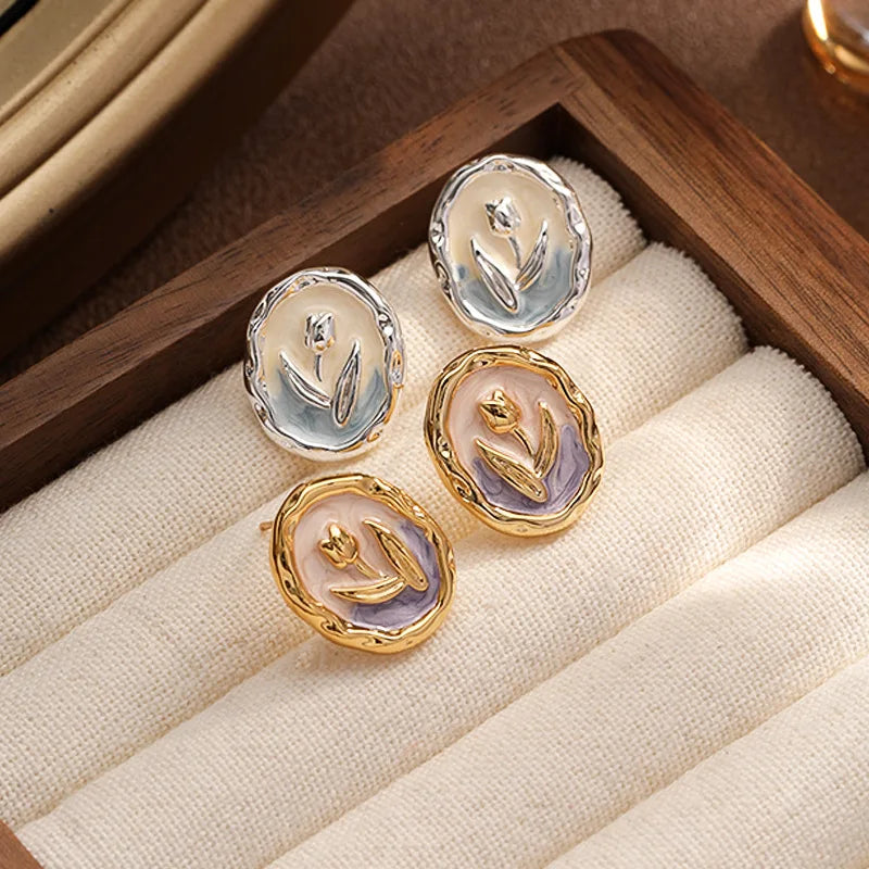 Women Fashion Simple S925 Silver 18k Gold-plated Stud Earring Drip Glaze Hand-Painted Bulk Low MOQ Elegant Jewelry for Daily