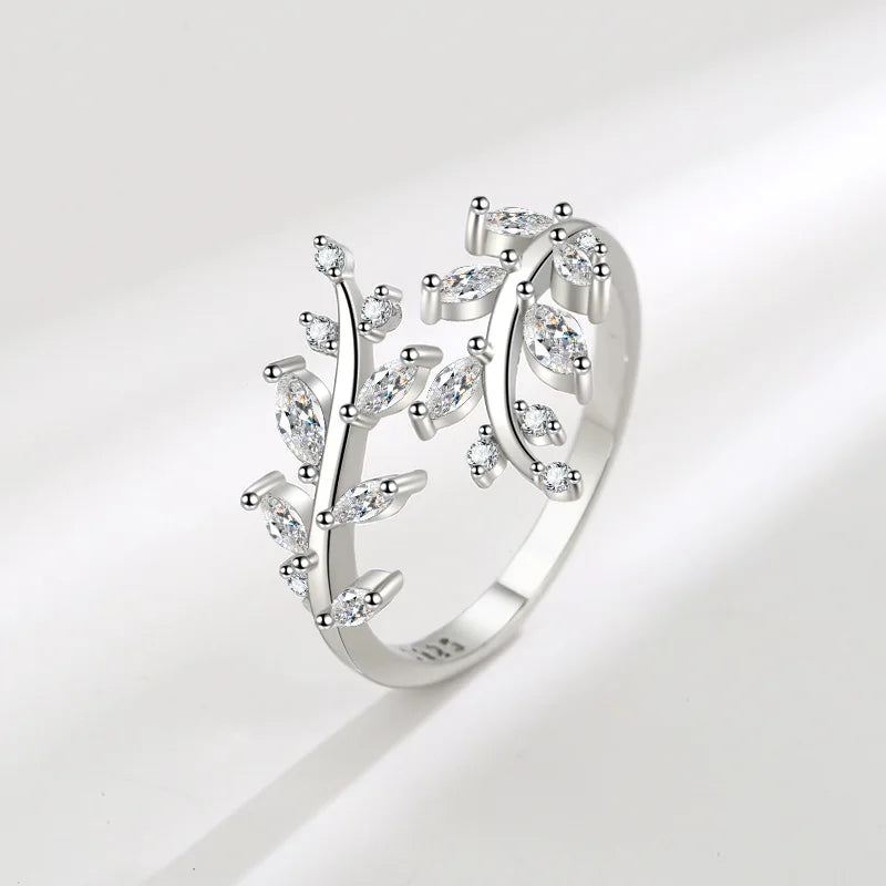 Simple Zircon-encrusted Leaf Branch Rings Women's Fashionable Trendy Opening Index Finger Ring Accessories Wholesale Hot Mujer