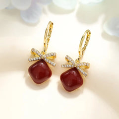 Fashion Simple Bowknot Cherry Red Glitter Drop Earrings for Girls Elegant Dainty Glamorous Jewelry for Women Ladies Accessories