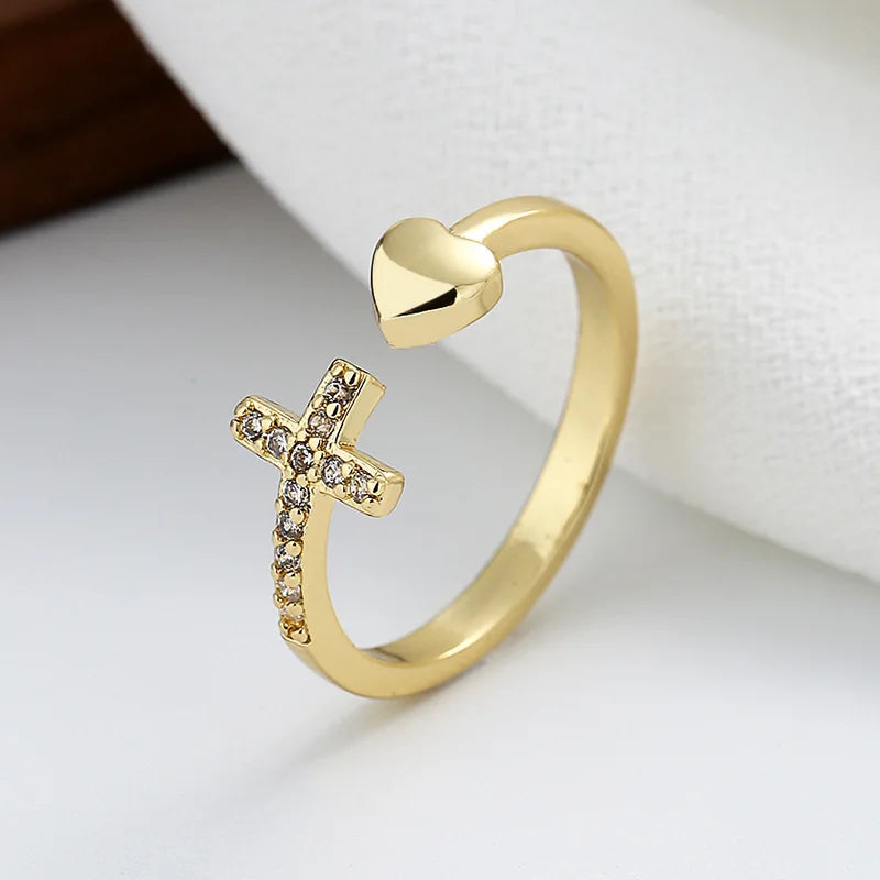 Zircon-encrusted Cross Heart-shaped Opening Rings for Women Couple Simple Rings Unisex in Stock Jewelry Accessories Wholesale